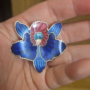 Vintage Cobalt Blue and Magenta Cloisonné Enamel Orchid Brooch Pin